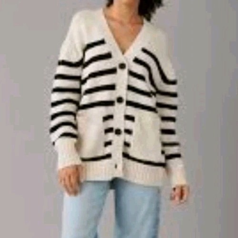 American Eagle Oversized Cardigan Sweater Women's‎ 2XL Black & Cream Striped NWT